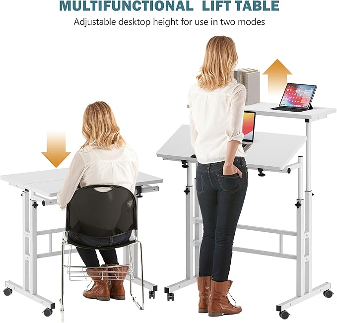 soges Mobile Standing Desk Adjustable Height Roling Sit-Stand Desk Small Standing Computer Desk Workstation on Wheels Sit Stand Up Desk for Home Office White