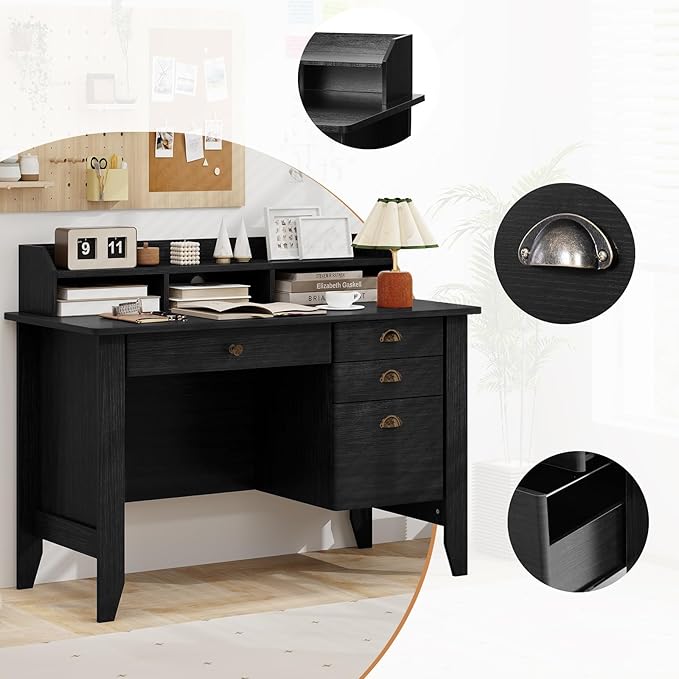 Safeplus 48 Computer Desk with 4 Storage Drawers and Hutch Wood Executive Table for PC Laptop