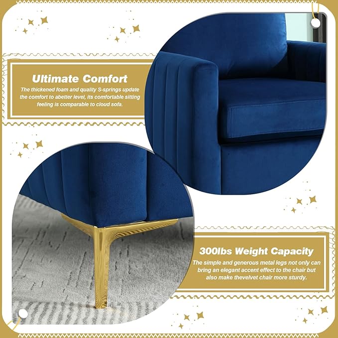 Modern Velvet Accent Chair Comfy Living Room Armchair with Thick Cushion Upholstered Reading Armchair Mid Century Sofa Chair with Gold Legs Side Chair for Living Room Bedroom Office Club Blue