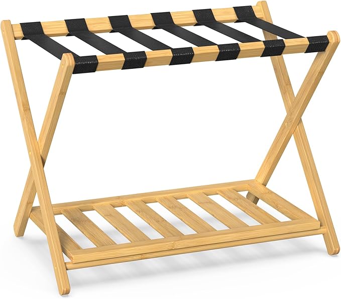 2 Pack Bamboo Luggage Rack for Guest Room 26.77 Folding Wide Suitcase Stand with Storage Shelf Thickened Luggage Stand Holder for Bedroom Hotel Luggage Rack for Suitcases (Natural)