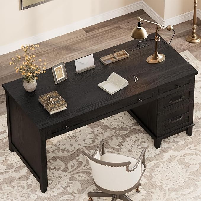 Farmhouse Home Office Desk with Power Outlets &amp USB Ports 53.5 Inch Writing Desk with Adjustable File Cabinet and Storage Drawers Executive Computer Desk for Study Workspace