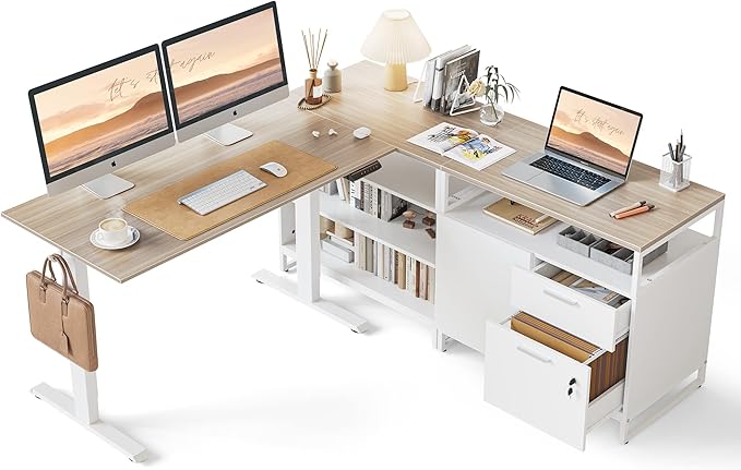 FEZIBO L Shaped Executive Standing Desk with File Cabinet &amp Shelves Electric Height Adjustable Light Walnut