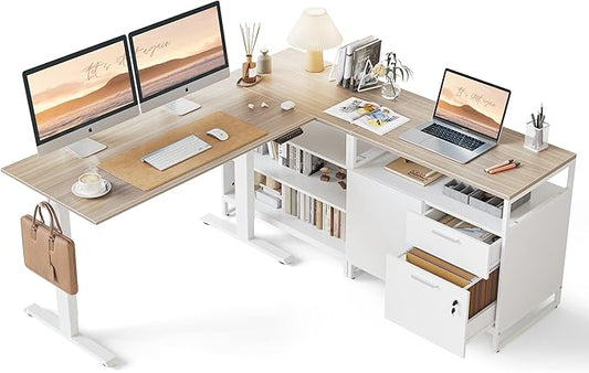FEZIBO L Shaped Executive Standing Desk with File Cabinet &amp Shelves Electric Height Adjustable Light Walnut