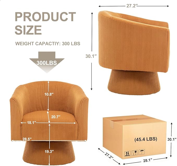 Swivel Accent Chair Modern 360° Barrel Chair Corduroy Upholstered Single Sofa for Living Room Bedroom(Mustard)