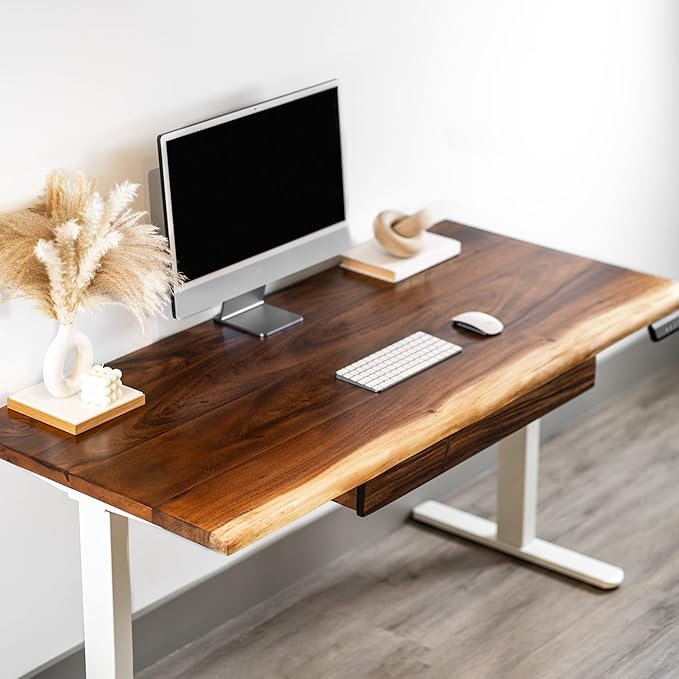 Walnut Standing Desk with Drawer - W60 x D27 Solid Wood Live Edge Adjustable Height Sit Stand Desk - Stable Dual Motor with Memory Presets Quick Assembly - Stand Up Home Office Table by MWS Studio