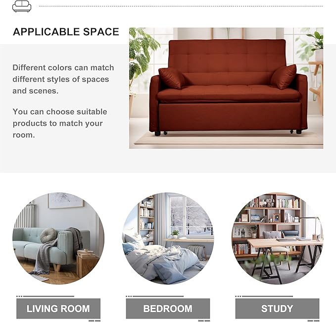60 Pull Out Sofa Bed Linen Convertible Sleeper Couch Loveseat Chaise Lounge with Side Pockets Red Pullout Futon Sofa Bed for Living Room Bedroom Small Spaces RV (Red)