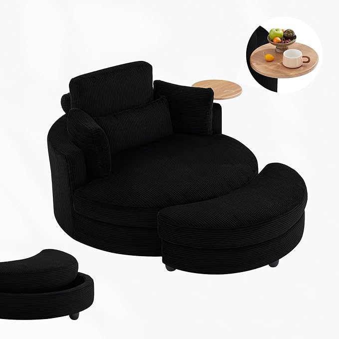 Yoglad Oversized Round Swivel Accent Chair with Ottoman &amp Wooden Armrest Tray – 360° Rotation and Stylish Modern Corduroy Fabric Perfect for Living Room/Apartment/Studio(Black)