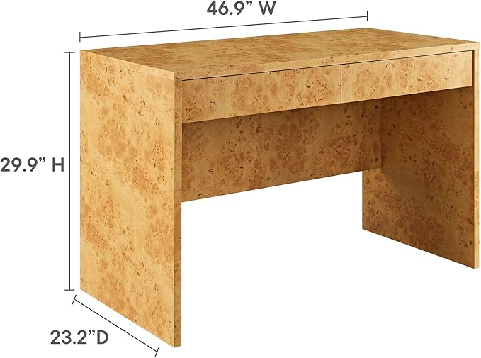 Modway Hudson Burl Wood Desk with Drawers in Natural - Modern Writing Desk - Narrow Home Office Desk - Vanity Table Without Mirror