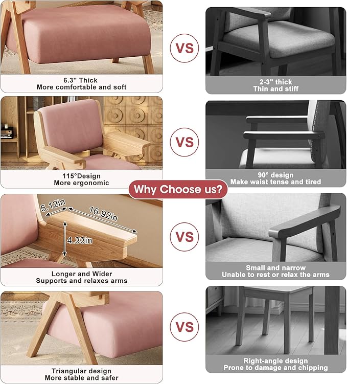 Accent Chair Mid Century Modern Chair Velvet Upholstered Lounge Arm Chair with Solid Wood Cozy Seating for Living Room Bedroom Balcony (Pink Single Chair)
