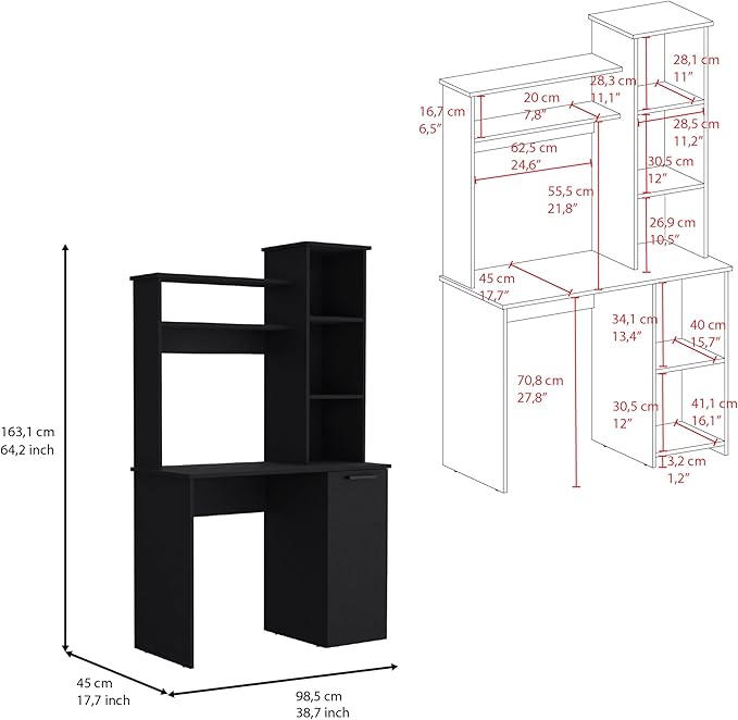 Home Office Desk Computer Desk with Hutch Single Door Cabinet Expansive Work Surface and 3-Tier Storage ShelvesBlack25.8 W x 17.7 D
