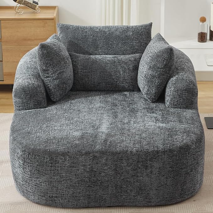 Oversized Chaise Longue Chair Indoor Modern Upholstered Chenille Deep Seat Sofa Bed with Throw Pillows and Armrests Sleeper Sofa Couch for Living Room Bedroom Apartment (Grey)