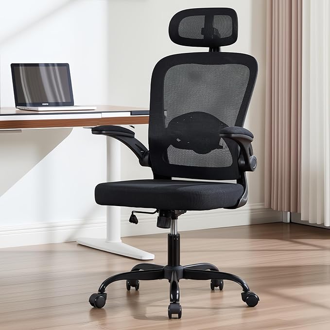 Ergonomic Office Chair with 3D Adjustable Lumbar Support Mesh High Back 75° Rotating Headrest Rocking Function 300lbs Capacity Black/White (Black)