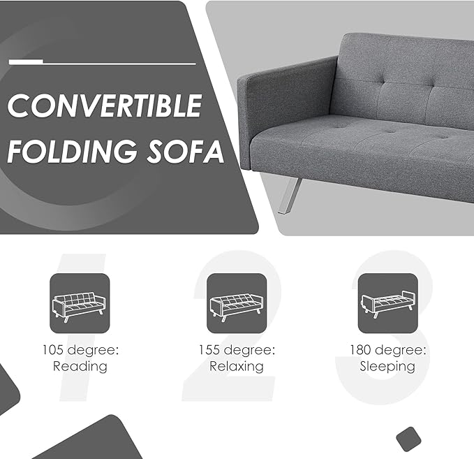 Giantex Convertible Futon Sofa Modern 3 Seat Sofa Bed with USB and Power Strip Folding Loveseat Linen Fabric Lounge Couch for Apartment Dorm Easy Assembly (Grey)