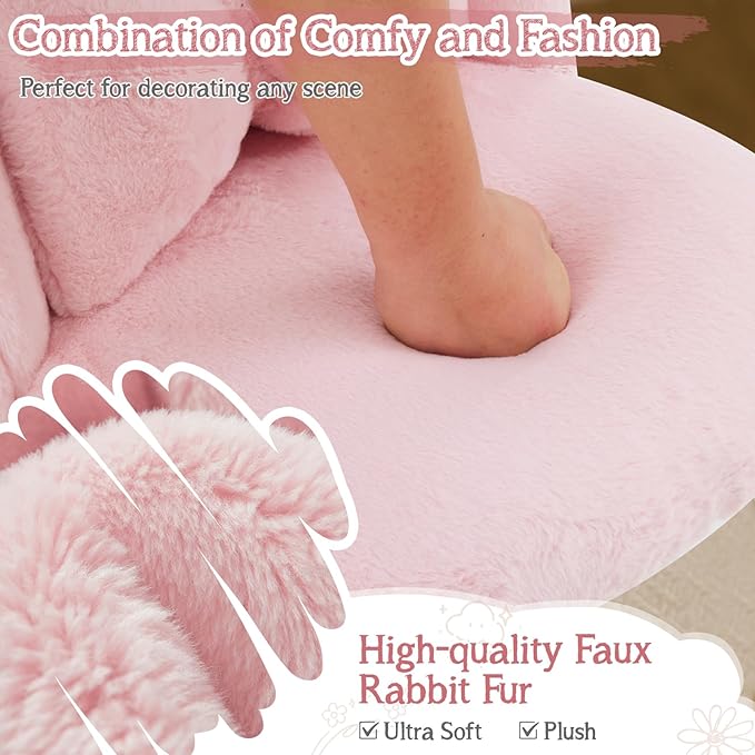 VINGLI Fluffy Girls Vanity Chair with Back &amp PillowCute Small Cozy Desk Chair No WheelsComfy Makeup Ch with Ajustable Gold Legsfor BedroomLiving RoomSmall SpacePink