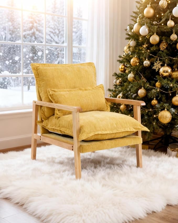 Karl home Midcentury Accent Chair for Living Room Chenille Upholstered Lounge Armchair with Lumbar Pillow Ruffle-Designed Cozy Reading Chair with Wood Legs Yellow