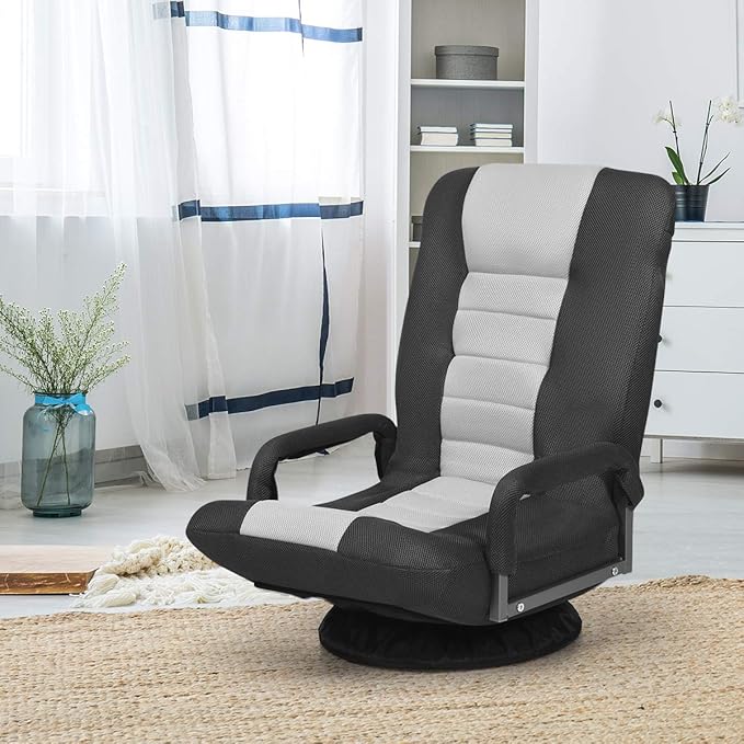 Giantex Floor Chair 360 Degree Swivel Chair with Adjustable Backrest Lumbar Support Armrest Foldable Lazy Sofa Rocker for TV Reading Playing Video Games Black/Grey
