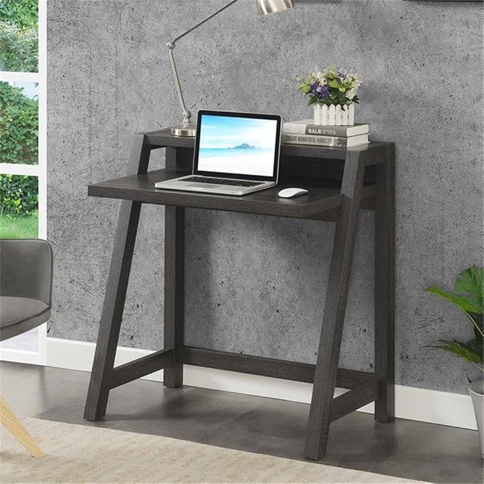 Pemberly Row Two-Tier Home Office Desk 34.5 x 22 x 35 in Gray Wood Finish Manufactured Wood with Woodgrain Melamine Spacious Desktop and Shelving Cable Management Hole Modern/Contemporary Style