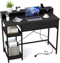 Tangkula Small Computer Desk with Power Outlets 42 Writing Desk with Hutch Drawer &amp 2 Open Shelves Gaming Table with Heavy-Duty Metal Frame for Home Office (Black)
