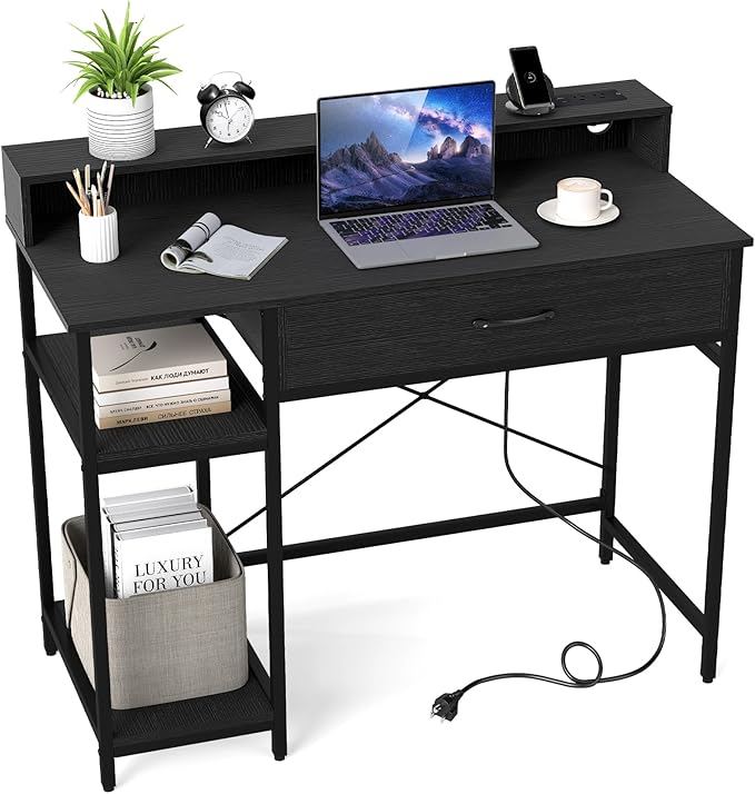 Tangkula Small Computer Desk with Power Outlets 42 Writing Desk with Hutch Drawer &amp 2 Open Shelves Gaming Table with Heavy-Duty Metal Frame for Home Office (Black)