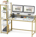 Teraves Computer Desk with 5 Tier ShelvesReversible Writing Desk with Storage 49 Inch Study Table for Home Office Independent Bookcase and Desk for Multiple Scenes (White Marbling+ Gold Frame)