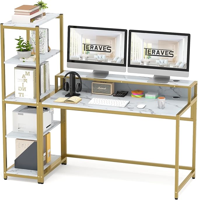 Teraves Computer Desk with 5 Tier ShelvesReversible Writing Desk with Storage 49 Inch Study Table for Home Office Independent Bookcase and Desk for Multiple Scenes (White Marbling+ Gold Frame)