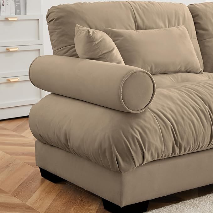 Oversized Modular Velvet Sectional Sofa with Movable Ottoman - Deep Seat Cloud Couch for Living Room Camel Color