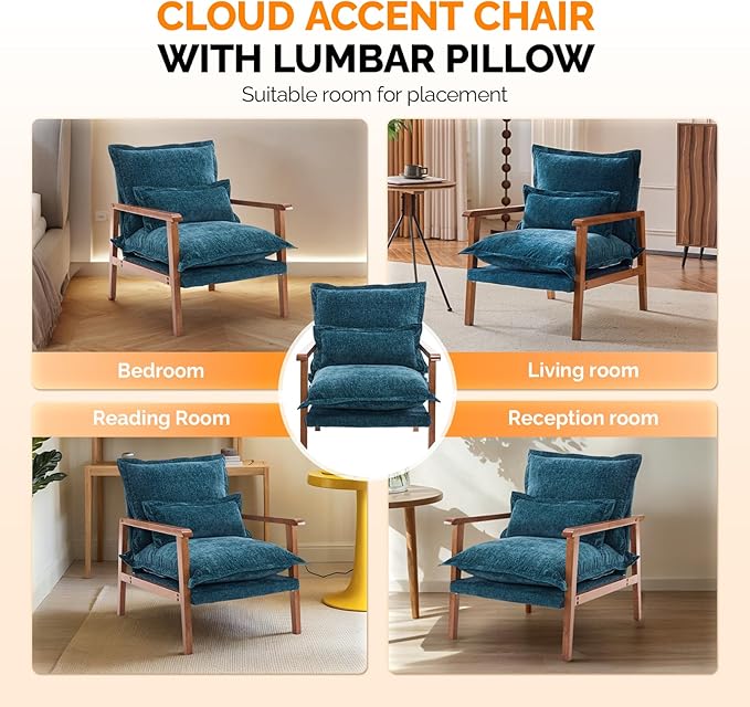 VINGLI Mid-Century Modern Cloud Accent Armchair with Lumbar Pillow 6.3'' Thick Seat Cushion Comfortable Reading Chair with Wooden ArmrestsBoho Lounge Chair for Bedroom Living Room Chenille Teal