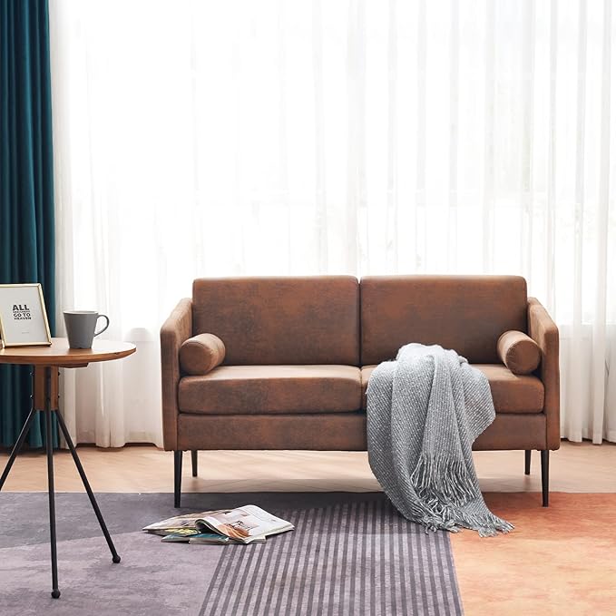 Karl home Loveseat Sofa 52 Bedroom Couch Mid-Century 2-Seat Sofa Bronzing Cloth Upholstered Love Seat with Metal Legs for Living Room Bedroom Balcony Apartment Office Brown