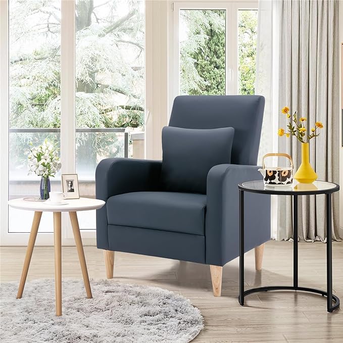 COLAMY Faux Leather Accent Living Room Chairs Set of 2 Upholstered Arm Chair Reading Side Chair Single Sofa with Back Pillow and Wood Legs L-Blue