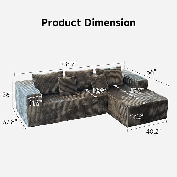 Upgrade 108’’ L Shape Cloud Couch Plush Corduroy Sectional Sofa with Chaise Boneless Couches for Living Room Bedroom No Assembly Required (Khaki Right Facing Chaise)