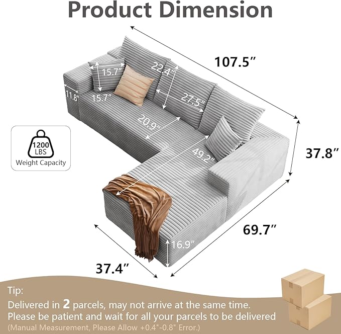 107 Cloud Sectional Couch with L-Shape Chaise Modern Modular Sofa with Deep Seat Corduroy Upholstered Couches for Living Room BedroomNo Assembly Required(Grey Right Facing)