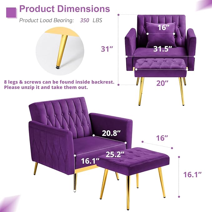 Velvet Accent Chair with Adjustable Armrests and Backrest Button Tufted Lounge Chair Single Recliner Armchair with Ottoman and Pillow for Living Room Bedroom Purpel