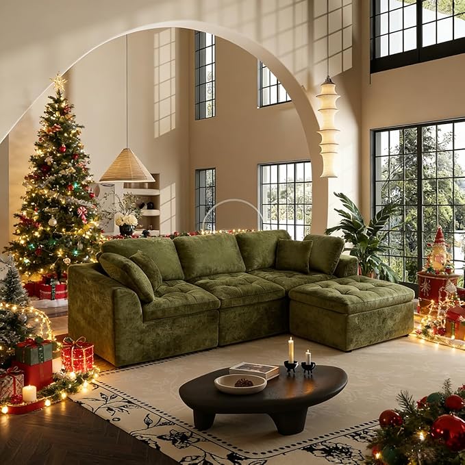 110 Cloud Sectional Couch for Living Room Upholstered L-Shape Modular Sofa with Movable Ottoman 3-Seater Deep-Seat Foam Couch Comfortable Convertible Sectional for Home &amp Apartment（Green）