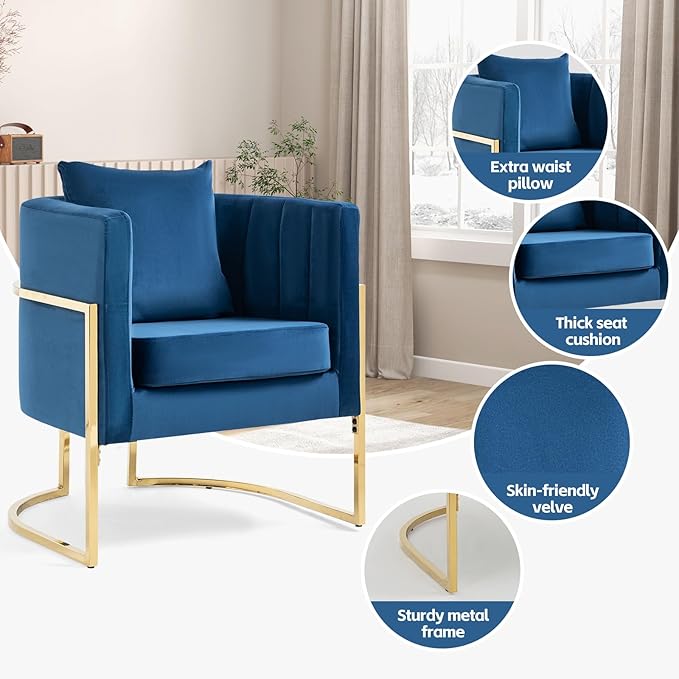 Velvet Modern Living Room Accent Chairs Set of 2 Upholstered Mid-Century Barrel Chairs for Bedroom Side Club Reception Chairs with Gold Metal Legs Blue