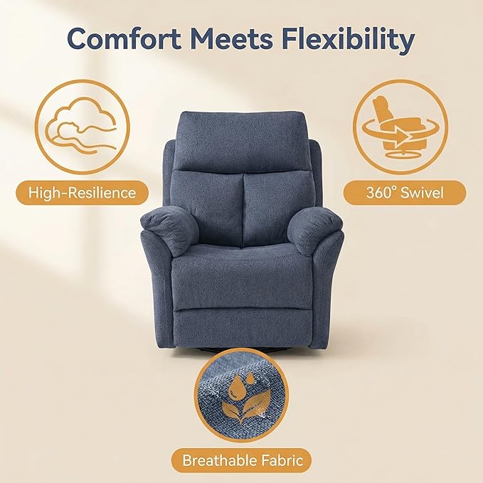 Oversized Rocker Recliner Chair Manual Swivel Rocking Recliners with Adjustable Backrest Footrest for Adults 360° Swivel Lazy Boy Recliner Chairs for Living Room Reading Bedroom Blue