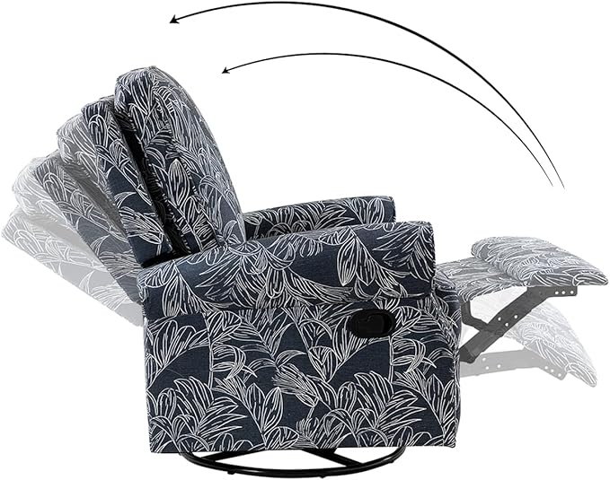 HULALA Home Modern Rocker Recliner Printed Fabric Swivel Glider with Adjustable Backrest &amp Footrest Navy