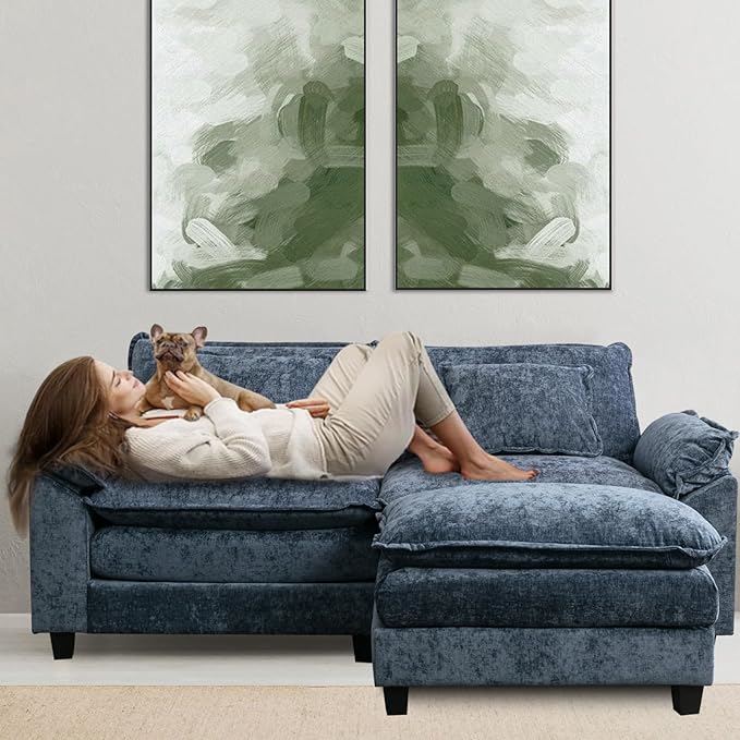 Modular Sectional Sofa 86 L Shaped Couch Set with Movable Ottoman Chenille Comfy Cloud Couch Sectional Set Extra Deep Seat Sofa with 2 Pillows for Living Room (Blue 2-Seat &amp 1-Ottoman)