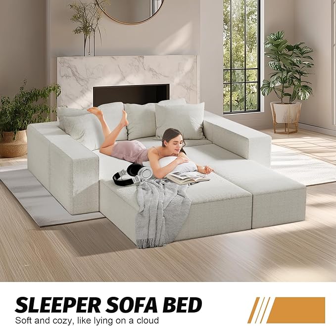 151'' Modular Sectional Sofa Couches Chenille Sleeper Deep Seat Sofa Bed Oversized Cloud Couch with 6 Pillows Free Combination Compression Sofa for Living RoomNo Assembly Beige
