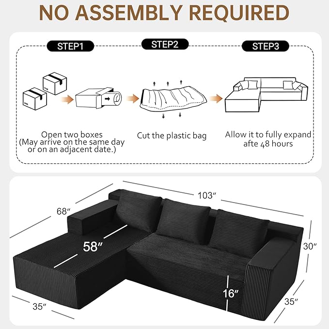 103 Boneless Corduroy Sectional Couch with Left Chaise Modular L Shaped Black Couches for Living Room Large Minimalist Modern Deep Seat Floor Sofa Set No Assembly