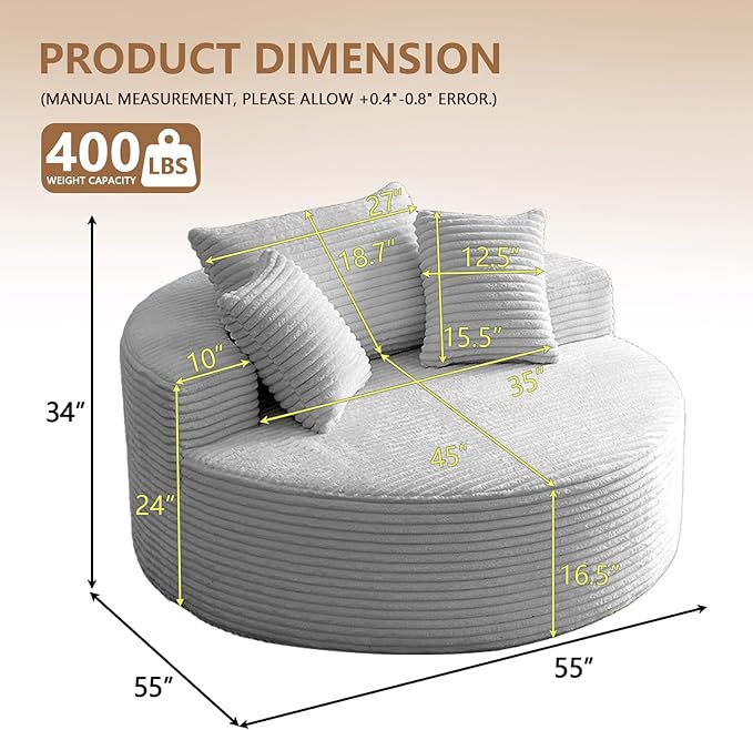 Oversized Round Chair Lounge Chaise Indoor Upholstered Corduroy Deep Seat Cloud Large Circle Sofa Chair No Assembly Required Fluffy Modern Sleeper Sofa Bed for Reading Living Room Light gray
