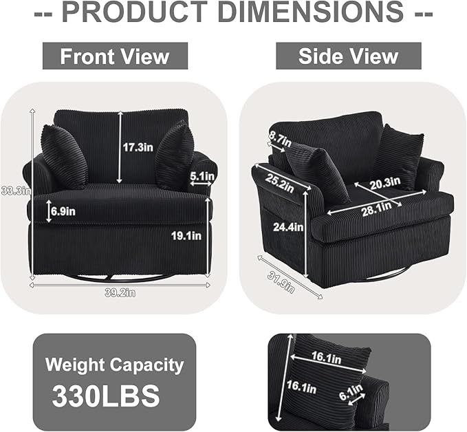 Karl home 39 Swivel Accent ChairOversized Seat Armchair W/2 Pillows and 4 PocketsModern Upholstered Corduroy Barrel ChairsComfy Single Sofa for Living RoomReadingBedroom and Office -Black