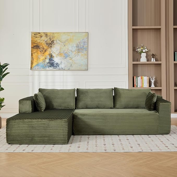 110” Cloud Sectional Couch with ChaiseOversized Modular Sofa with Deep Seat and Boneless DesignVacuum Compression Packed Corduroy Couch for Living Room BedroomNo Assembly RequiredGreen