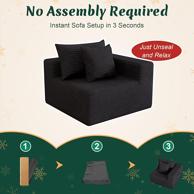 Modular Cloud Couch Sectional Deep Seat No-Bone Corduroy Sofa with Ottoman Oversized Comfy Modular Sofa for Living Room Bedroom Apartment No Assembly Flexible Layout (Black Loveseat+Ottoman)
