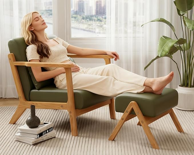 Accent Chair and Ottoman Set Mid-Century Modern Faux Leather Upholstered Lounge Armchair with Pillow Solid Wood Frame &amp Comfortable Cushion for Living Room Bedroom Balcony Green