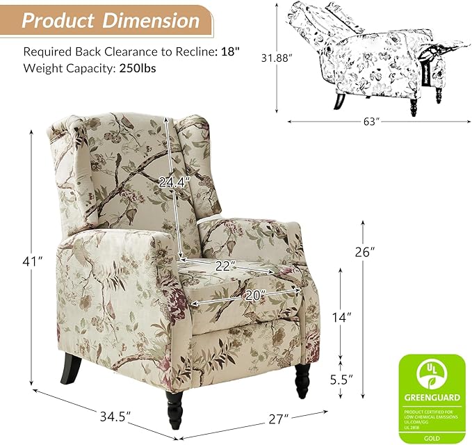 HULALA HOME Wingback Recliner Chair Traditional Push Back Recliner Single Sofa Chair with Solid Wood Legs Modern Lounge Armchair for Living Room Comfy Upholstered Accent Reclining Bird