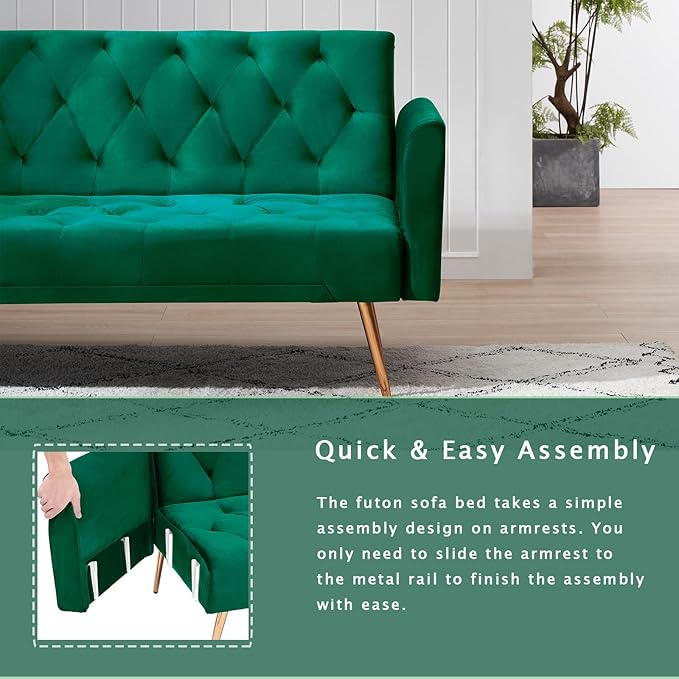 KINFFICT Velvet Futon Sofa Bed with 2 Pillows Convertible Sleeper Sofa Couch with 3 Angle Adjustable Backrest Modern Loveseat with 4 Golden Metal Legs for Living Room and Bedroom