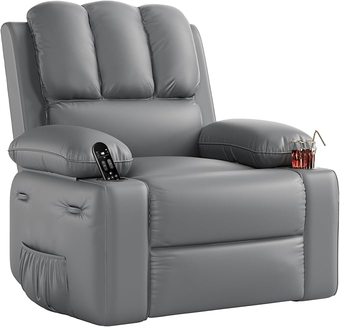 Oversized Recliner Extra Wide 27 Leather Recliner Chair Manual Recliner Chair for Living Room Large Rocking Recliner with Cup Holders and Padded Arms Gray