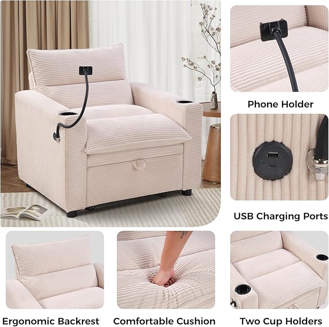 EBELLO Convertible Small Sleeper Sofa Chair 3-in-1 Corduroy Futon Sofa Bed 1 Seater Couch Daybed with Charging Ports Phone Cup Holders Adjustable Backrest for Small Living Room Beige