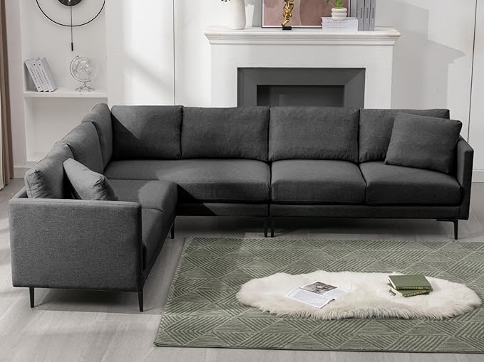 BALUS 107 W Sectional L Shaped Sofa Couch Set for Living Room Convertible Oversized 5-Seat Corner Sofa Sets with 2 Pillows Modern Linen Sofas with Metal Legs for Living Room Apartment - Dark Grey