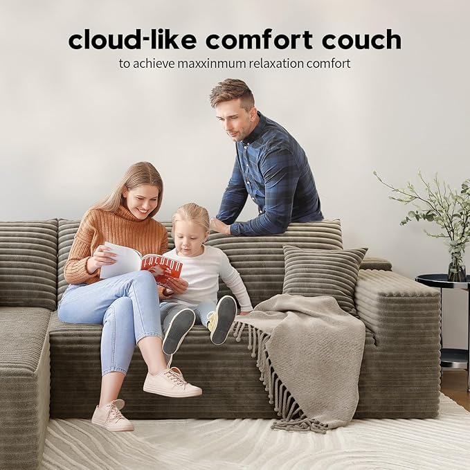 139.4 Modular Sectional Sofa Couch Oversized U-Shaped Minimalist Couches with 2 Ottomans Chaise and 2 Middle Seats Modern Deep Seat Cloud Plush Corduroy Sofas Set for Living Room 8 Seater Camel